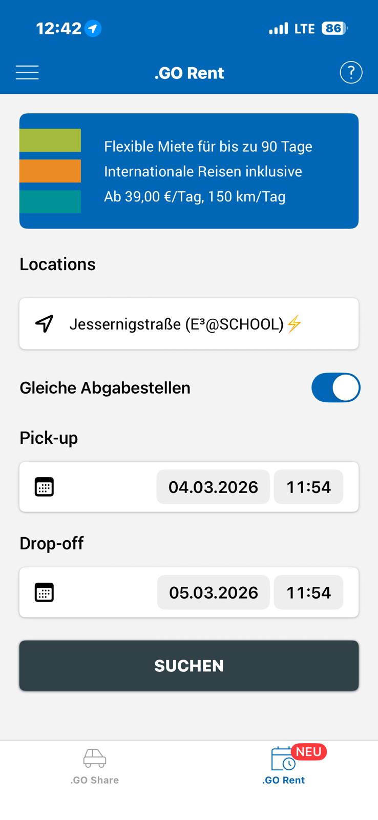 Datum und Standort auswählen