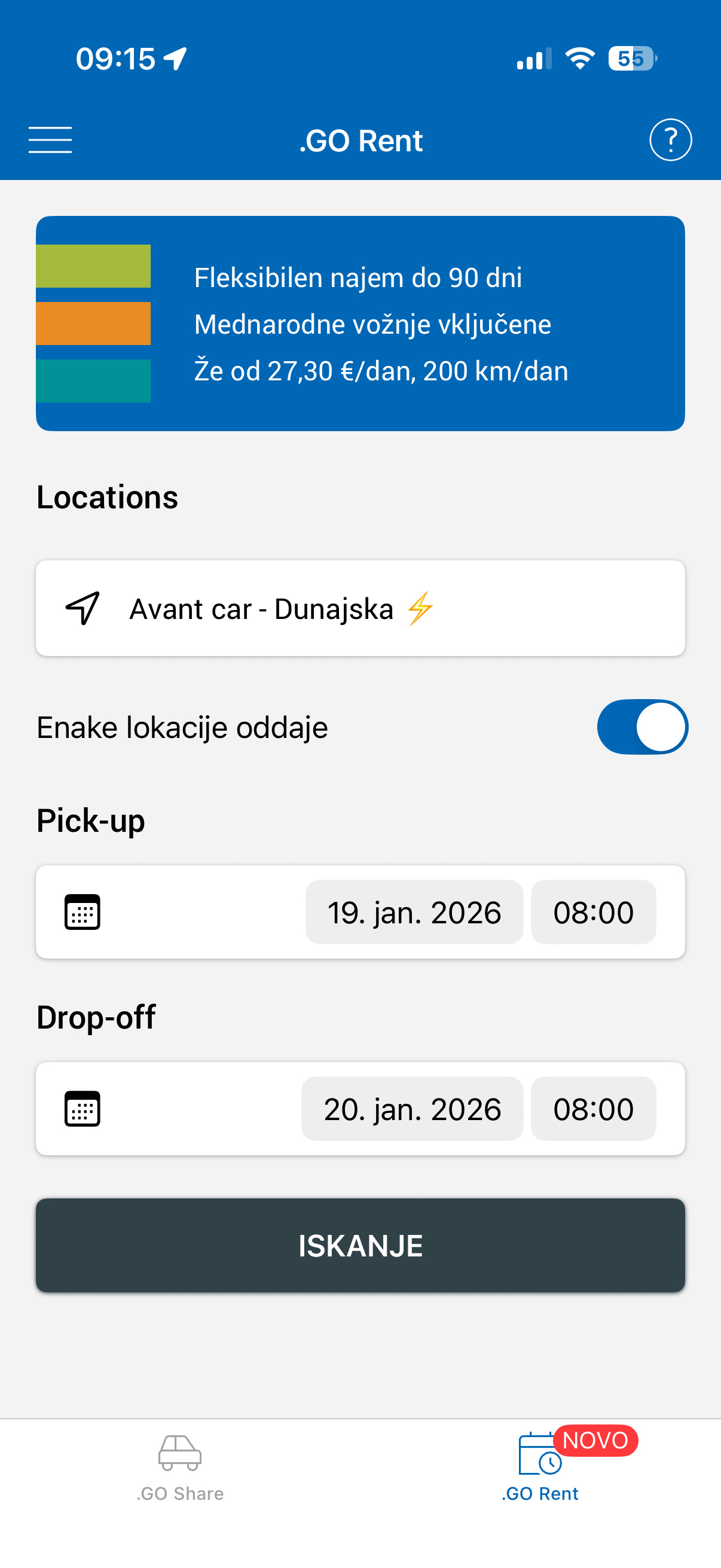 Datum und Standort auswählen